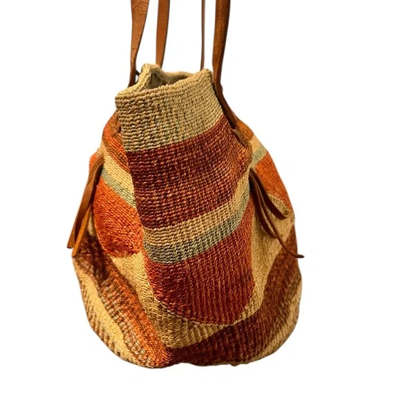Vintage Raffia Woven Shoulder Bag Boho Beach Bucket Leather Strap Large Brown - Picture 6 of 9